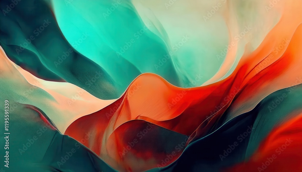 Poster flowing abstract gradient of turquoise and fiery orange tones resembling fabric folds, perfect for modern graphic design projects