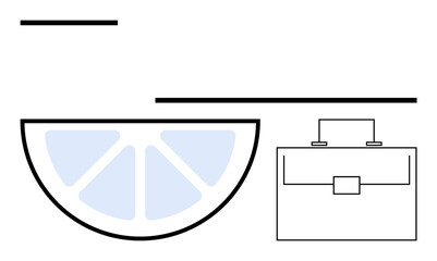 Lemon slice and briefcase oriented with bold lines and geometric design. Ideal for concepts of balance, work-life, freshness, productivity, simplicity, modern aesthetics, abstract line flat metaphor