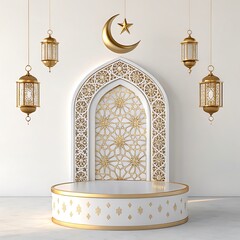 Islamic architecture, ornate white arch, golden crescent moon