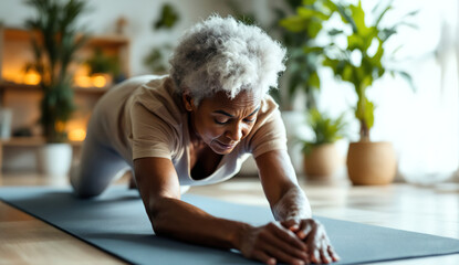 A senior woman is engaged in a yoga session on a mat in a well-lit room filled with indoor plants. She focuses on a stretching pose, promoting health and wellness