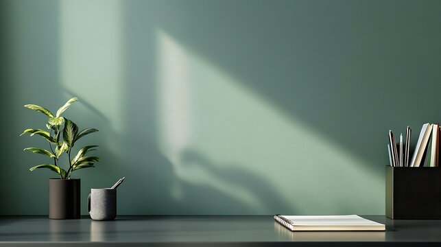 Diary notebook and pen cup on gray desk green wall background work and study place