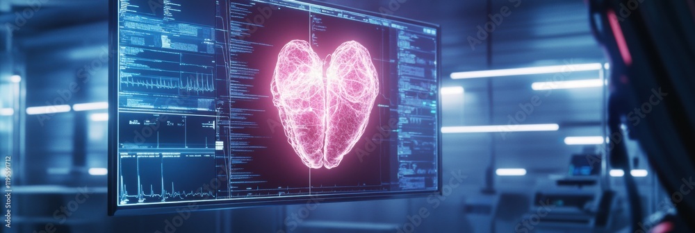 Poster diagnostic medical data displayed on a futuristic screen in a high tech medical facility. generative
