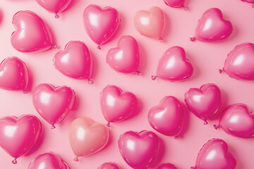Lots of balloons in bright pink color in the shape of a heart on a light pink background. Concept for Valentine's Day. Celebrating Valentine's Day. Advertising banner