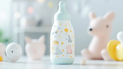 A cute baby bottle with animal illustrations, set against a playful background.