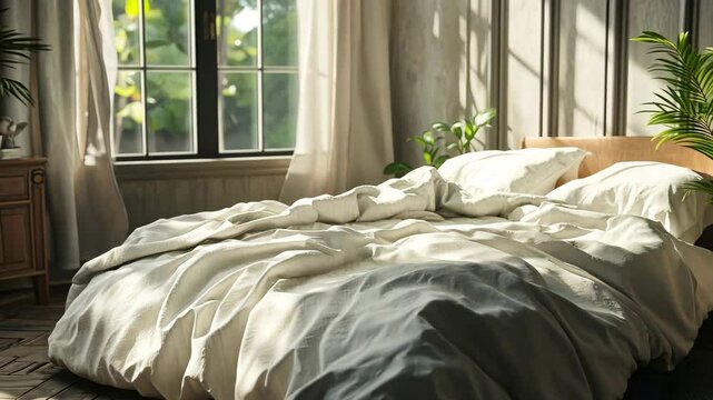 White bedding in cozy interior of bedroom