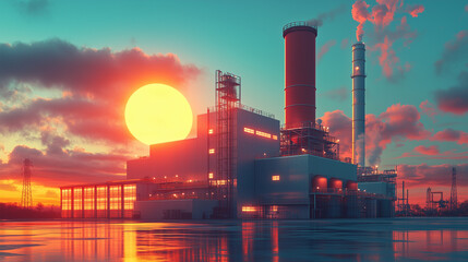 Obraz premium Minimalist representation of a solar-powered factory, with clean lines and bold colors. Bright lighting, contrast