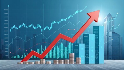 A red upward trending arrow against a blue background with financial charts and graphs, representing a positive stock market or economic growth