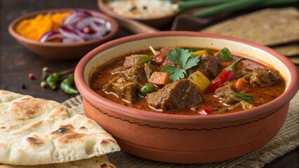 Savory beef madras curry served in vibrant earthen bowl with fresh herbs and sides of bread and condiments