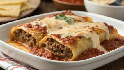 Savory beef manicotti topped with bubbling melted cheese served on a rustic wooden table