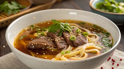 Discovering the rich flavors of beef noodle soup with glistening broth and garnished herbs