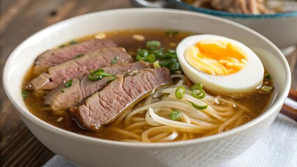 Close up of savory beef noodle soup with tender slices and a soft boiled egg garnished with green onions in a cozy setting