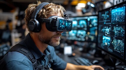 Man uses virtual reality headset and computer system