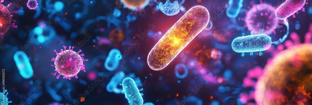 Poster Shield designed to deflect microbes in a vibrant and dynamic microscopic environment filled with bacteria and viruses. Generative AI
