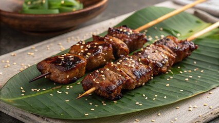 Beef satay skewers on banana leaf with sesame seeds ready for serving