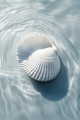 A spiral seashell with intricate patterns rests on a sandy beach in warm sunlight and shimmering water