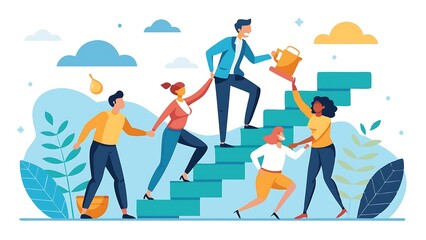 Naklejka premium Businesspeople band together to hands when climbing stairs, teamwork to advance and succeed together in flat illustration