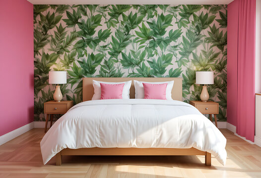 Bedroom with pink and green accent colors and tropical wallpaper theme