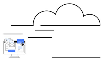 Desktop managing emails, data transfer to cloud. Ideal for cloud storage, communication, security, data sharing, technology services, workflow, abstract line flat metaphor