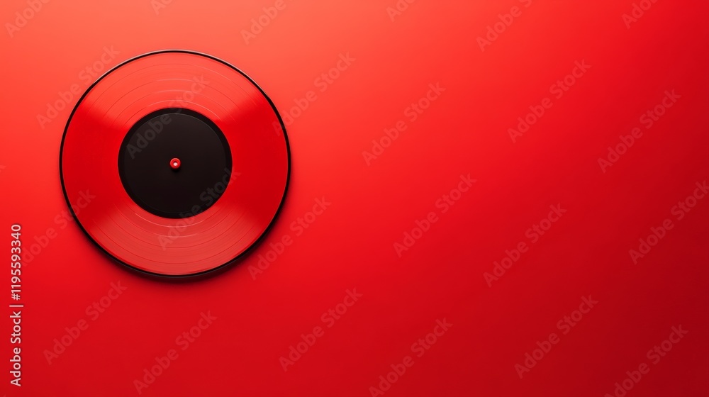 Poster bright red vinyl record with black center label lying on a matching red background, creating a vibra