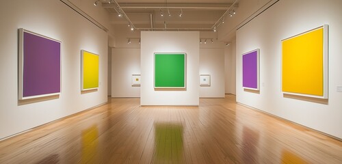 Obraz premium White frames in a gallery with yellow, green, and purple canvases.