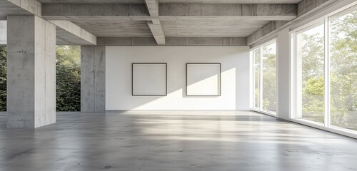 Obraz premium Empty frames in a contemporary gallery with concrete floor.