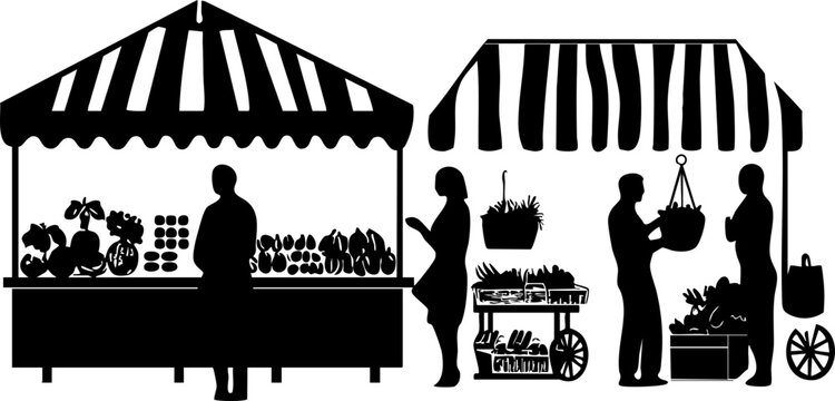 Silhouette style vector image of market stalls with people, showcasing fresh produce and plants; ideal for promotional materials.