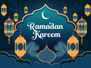 Ramadan Kareem greeting with ornate lanterns and crescent moon