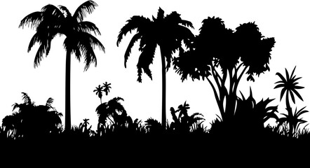 Vector illustration of silhouettes featuring various palm trees and tropical plants, perfect for nature themes and background designs.