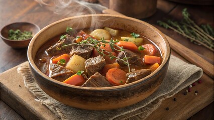 Rustic bowl of hearty beef stew with colorful vegetables and herbs steaming in a cozy kitchen setting