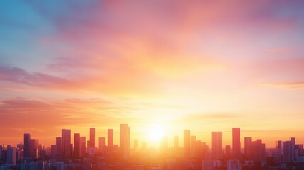 Obraz premium Sunrise over city skyline urban landscape evening light peaceful atmosphere wide view nature's beauty