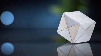 Elegant wooden puzzle cube softly lit reflects on dark surface. AI Generated