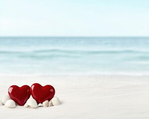 Fototapeta premium Romantic Red Heart Stones on Sandy Beach, minimalist love concept and symbolic heart design