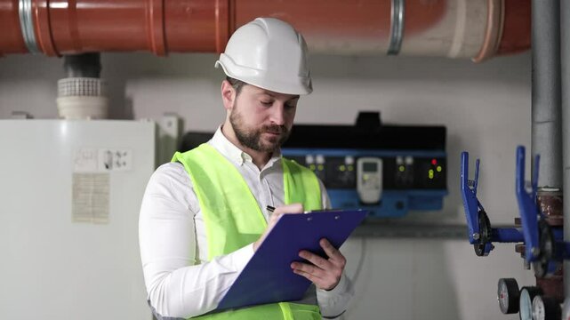 Caucasian male engineer in boiler room inspects heating system equipment. Professional worker in hardhat and uniform checks pipes and takes notes.