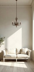 Elegant Interior Design Featuring a Luxurious Cream Sofa and Ornate Chandelier in a Sunlit Room