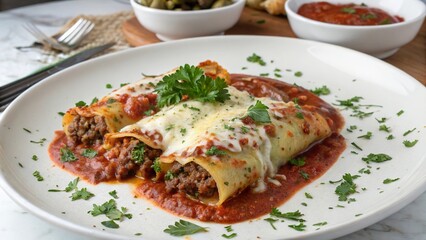 Delicious beef manicotti elegantly plated with marinara sauce and herbs on a white dish