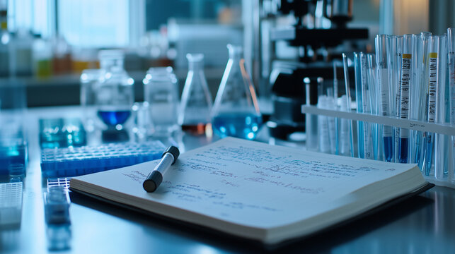 Close-up of a lab notebook with scientific notes, laboratory equipment and research tools