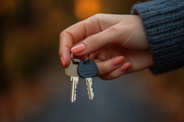 Woman Holding House Keys on a Blurred Background
