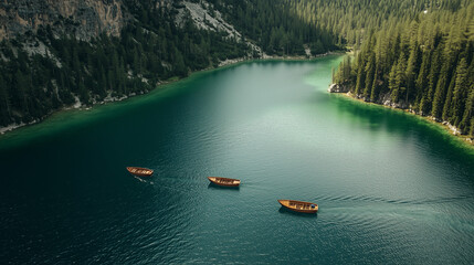 Wooden Boats on Turquoise Braies Lake in Dolomites with Stunning Alpine Scenery and Serene Reflections






