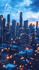Urban Skyline with Financial Graph Overlay at Dusk, Capturing City Life and Economic Growth Dynamics