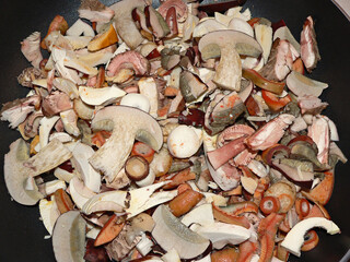 sliced ​​mixed wild mushrooms in a pan
