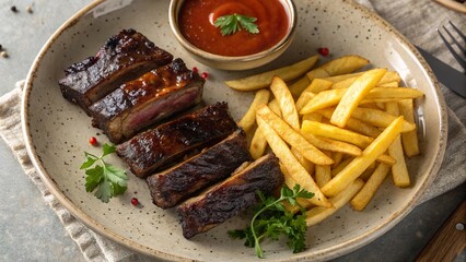 Deliciously grilled beef ribs accompanied by crispy fries and savory sauce on a rustic plate