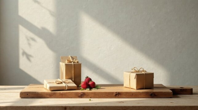 Sunlit Rustic Still Life Three Eco-Friendly Wrapped Gifts and Fresh Strawberries on Wooden Board