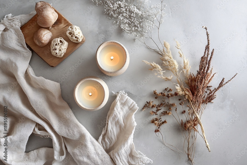 Aufkleber burning aromatic candles creating relaxing atmosphere with dried flowers and fabric