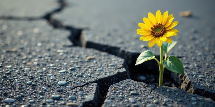A resilient sunflower bravely emerges from a fractured asphalt surface, symbolizing unwavering strength and the triumph of life amidst adversity.