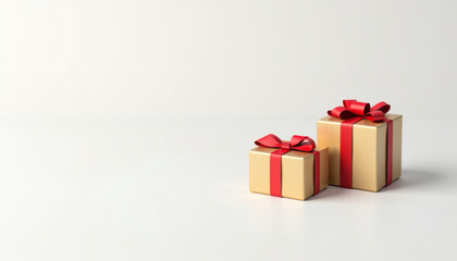 Fototapeta premium Elegant golden gift boxes with red ribbons on white background showcasing elegance and festive atmosphere concept