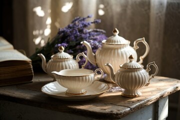 Fototapeta premium Elegant cream tea set with gold accents, complemented by lavender, creates a serene, vintage aesthetic.