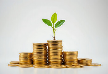 green seed growth on coins stack with white background. money saving. business investment successful growing concept.