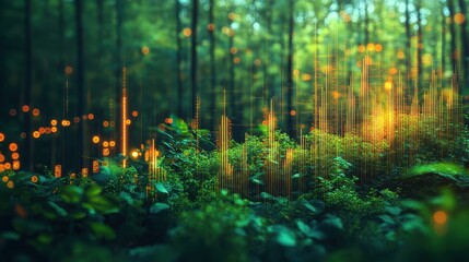 Enchanting Forest Scene with Vibrant Light Patterns and Lush Greenery Capturing Nature's Beauty and Serenity
