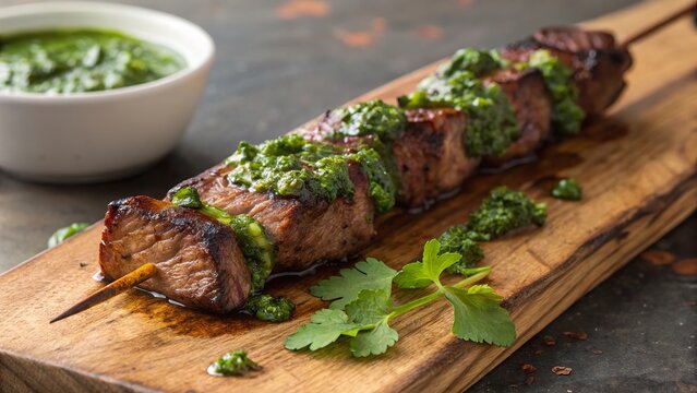 Savory beef churrasco skewer topped with vibrant chimichurri sauce served on a rustic wooden board