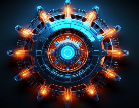 futuristic glowing gear with blue and orange highlights on dark background